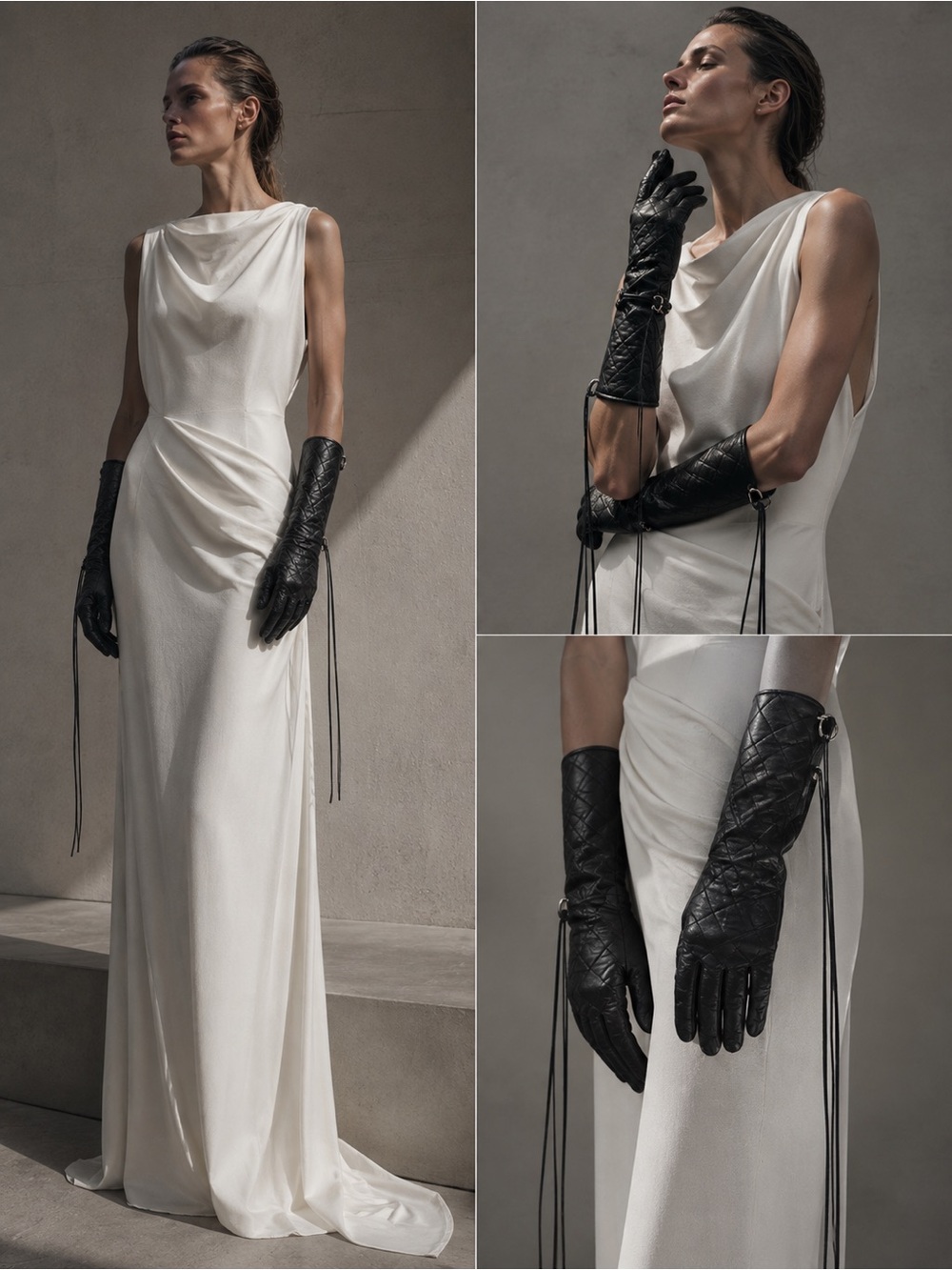 Avant-Garde Quilted Leather Gloves with Pierced Ring Cuffs & Leather Fringe